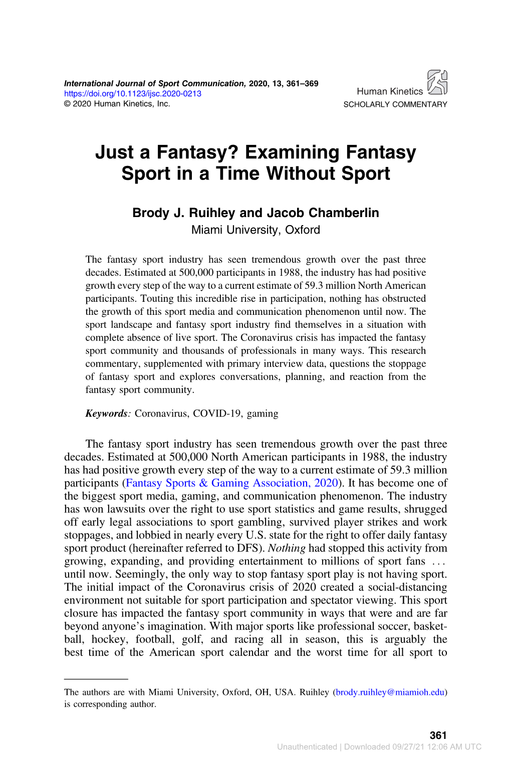 Examining Fantasy Sport in a Time Without Sport