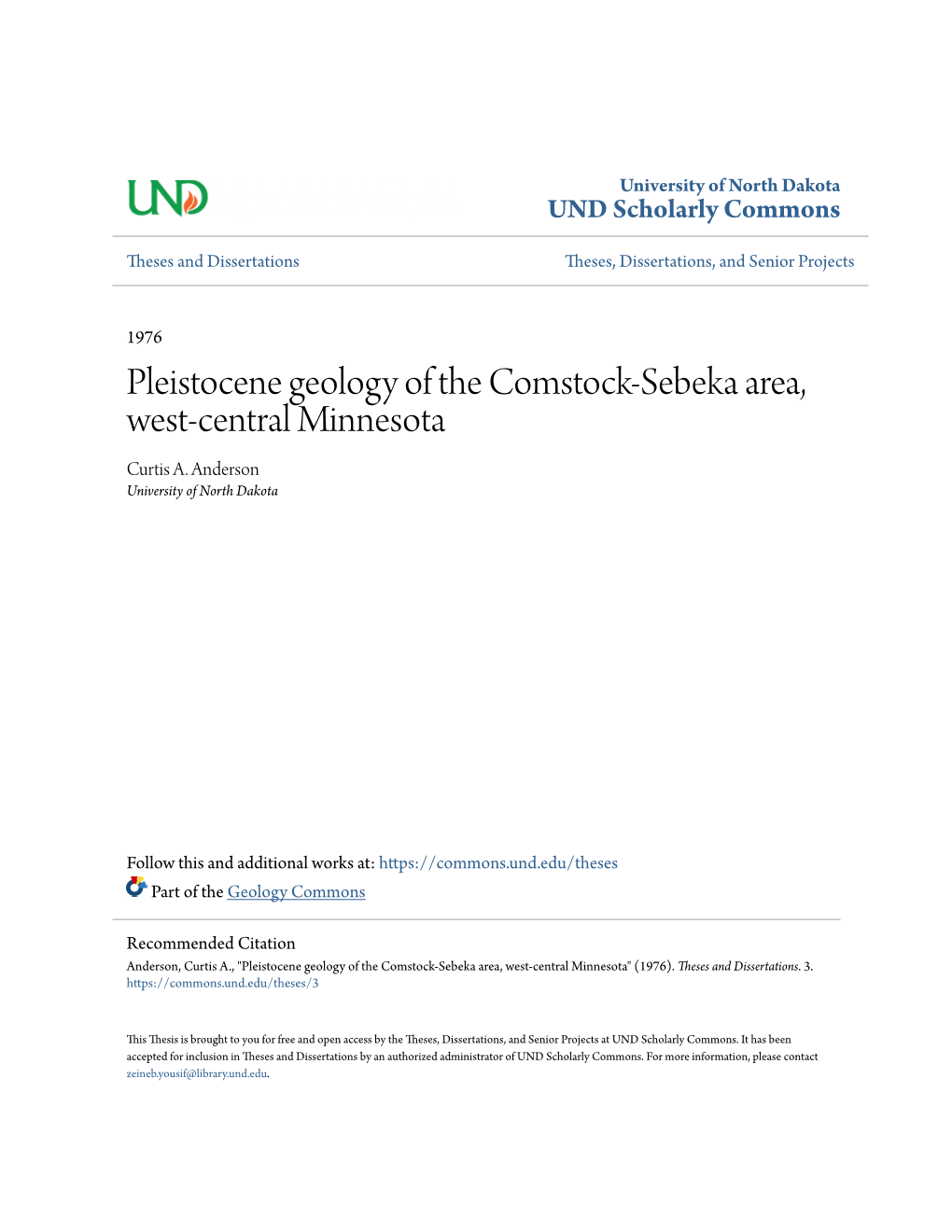 Pleistocene Geology of the Comstock-Sebeka Area, West-Central Minnesota Curtis A