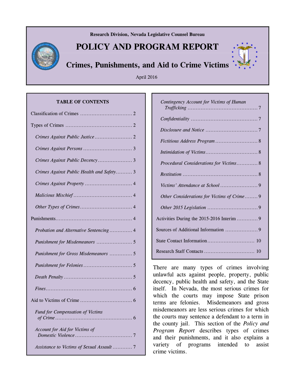 POLICY and PROGRAM REPORT Crimes