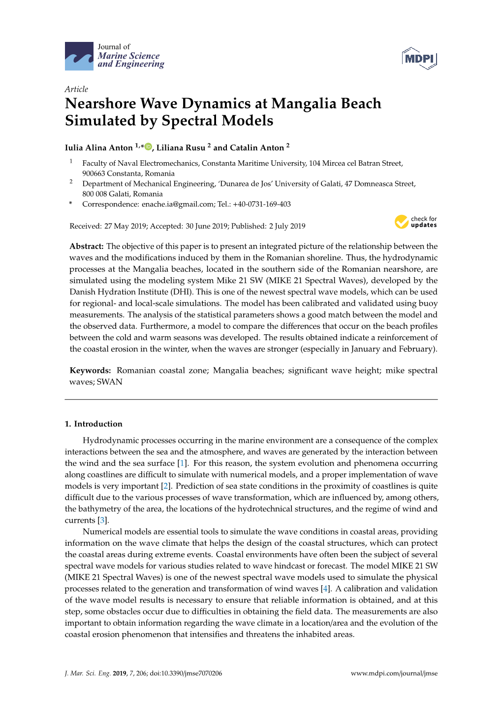 Nearshore Wave Dynamics at Mangalia Beach Simulated by Spectral Models