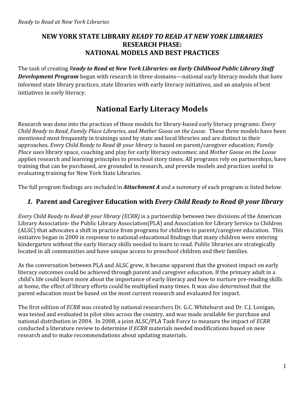 National Early Literacy Models