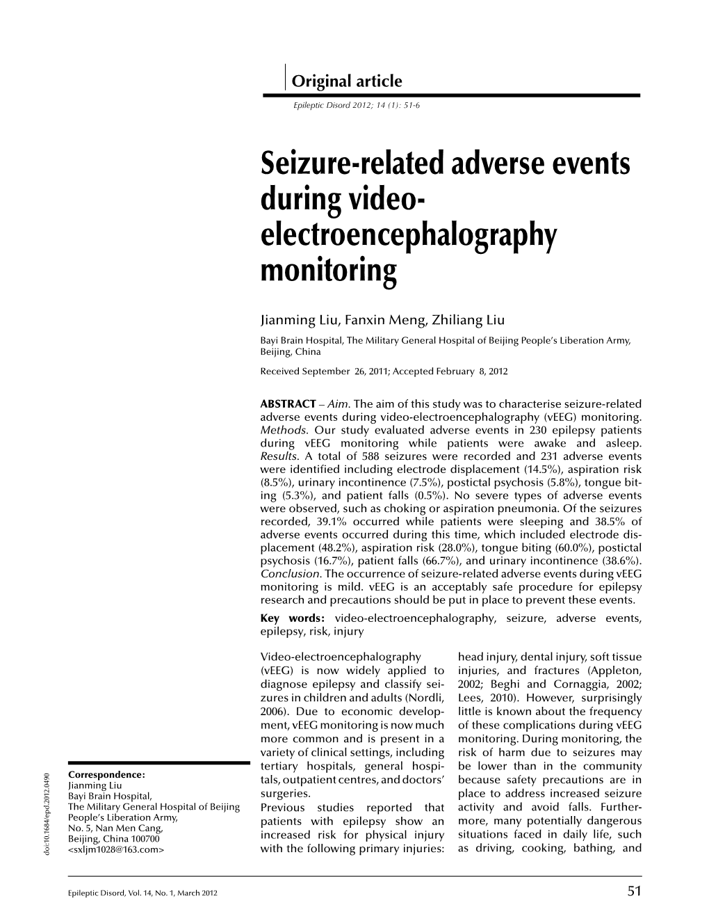 Seizure-Related Adverse Events During Video- Electroencephalography Monitoring