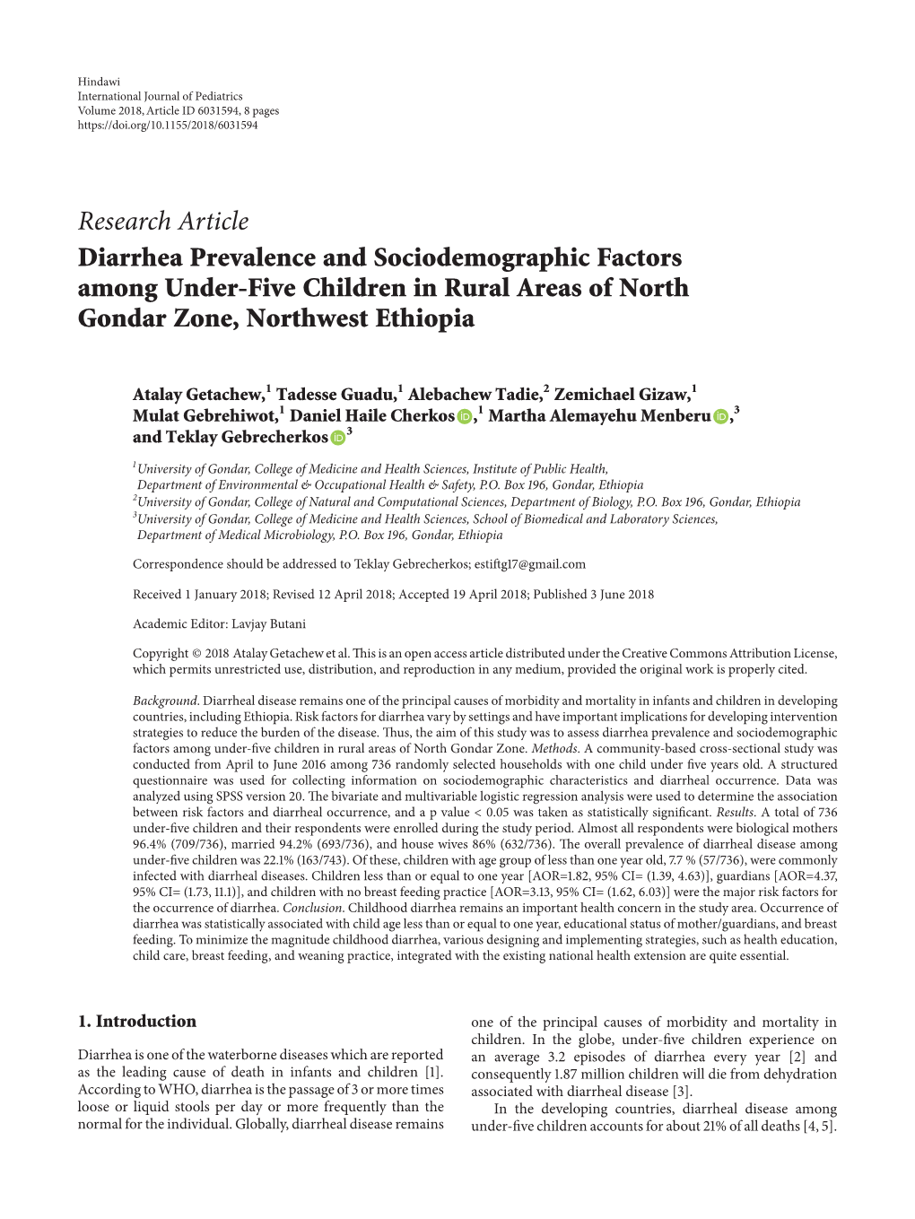 Research Article Diarrhea Prevalence and Sociodemographic Factors Among Under-Five Children in Rural Areas of North Gondar Zone, Northwest Ethiopia