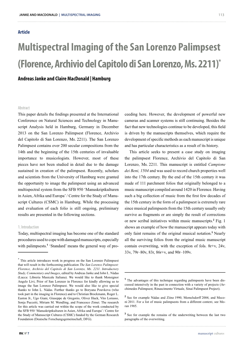 Multispectral Imaging of the San Lorenzo Palimpsest (Florence, Archivio Del Capitolo Di San Lorenzo, Ms
