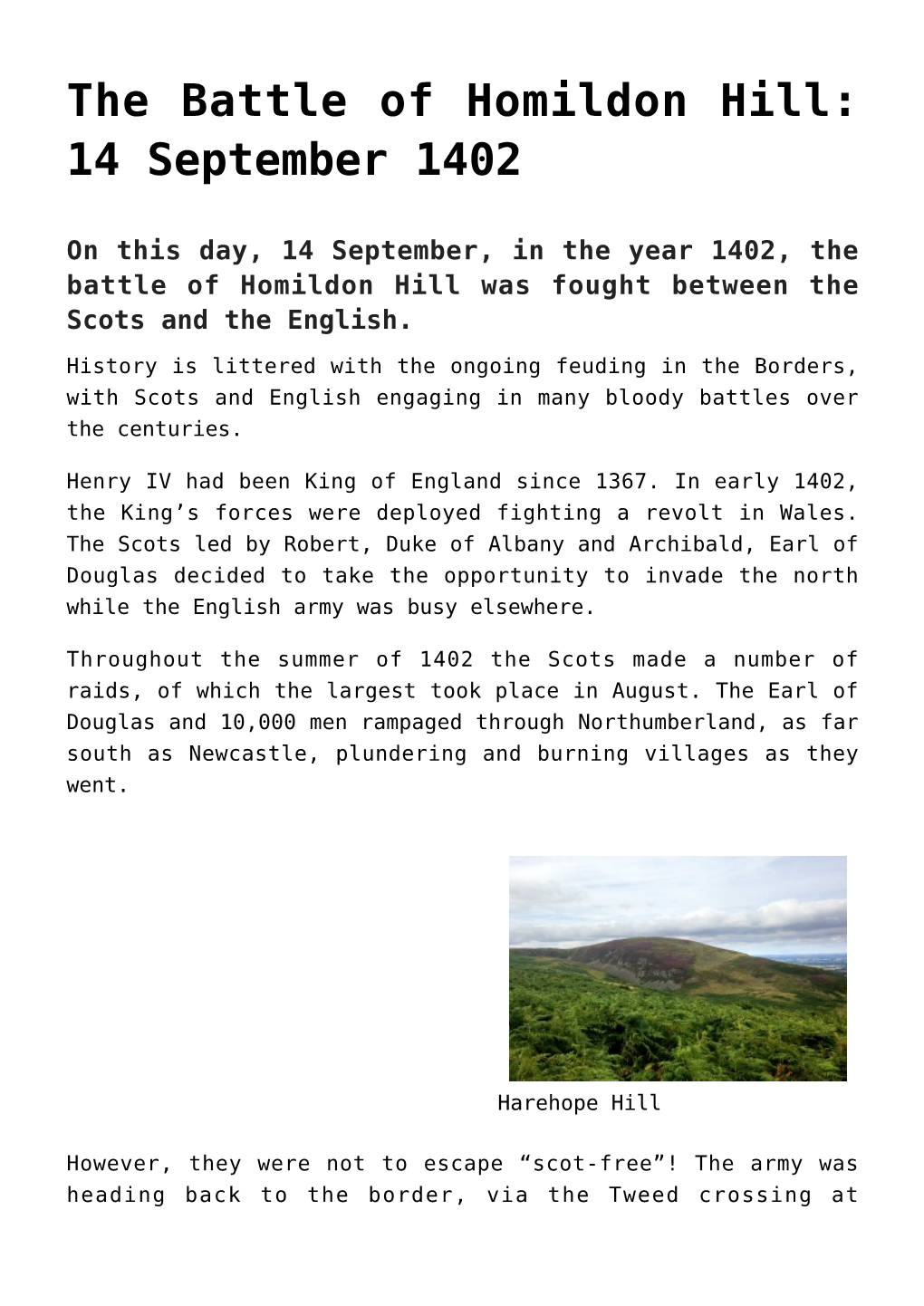The Battle of Homildon Hill: 14 September 1402