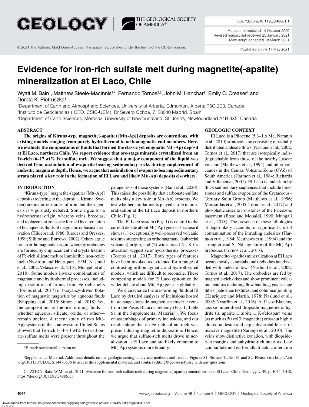 Evidence for Iron-Rich Sulfate Melt During Magnetite(-Apatite) Mineralization at El Laco, Chile Wyatt M