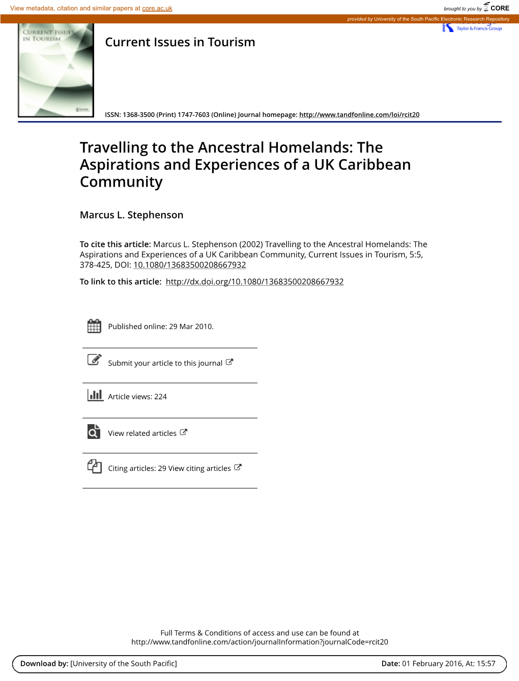 Travelling to the Ancestral Homelands: the Aspirations and Experiences of a UK Caribbean Community