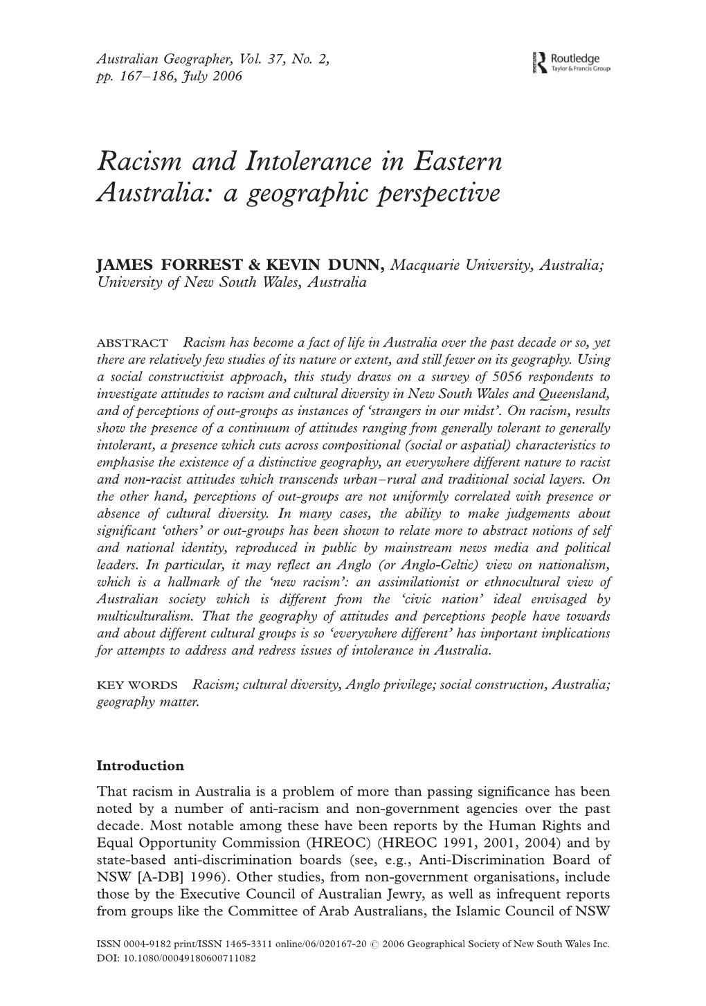 Racism and Intolerance in Eastern Australia: a Geographic Perspective