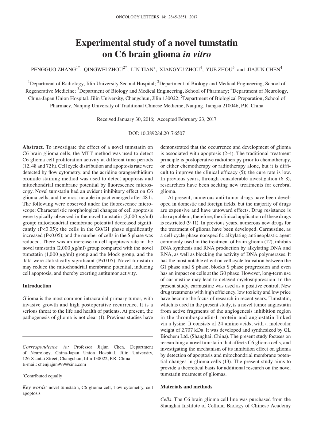 Experimental Study of a Novel Tumstatin on C6 Brain Glioma in Vitro