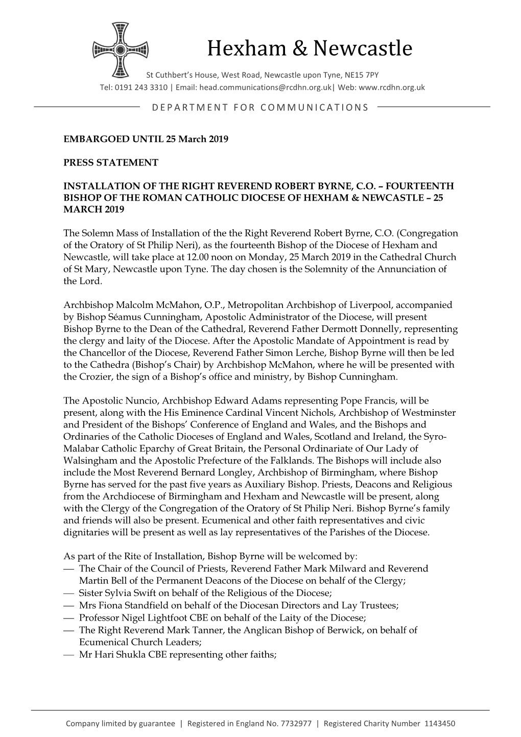 Press Release Announcing the Appointment of Bishop Robert Byrne – 4 February 2019