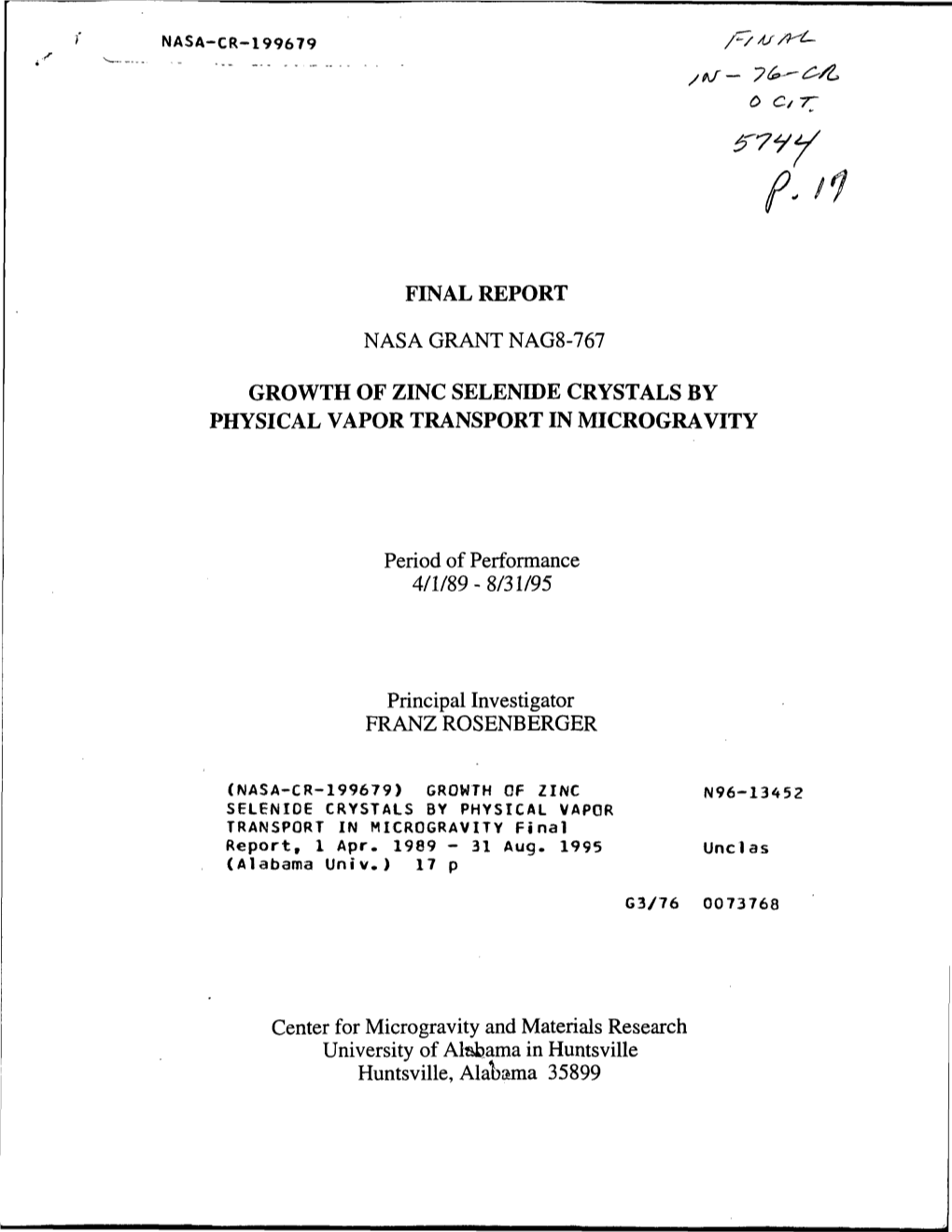 Final Report Nasa Grant Nag8-767 Growth of Zinc