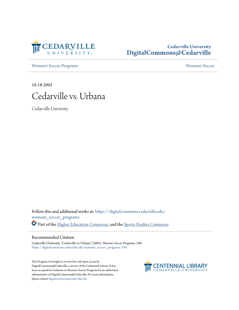 Cedarville Vs. Urbana Cedarville University