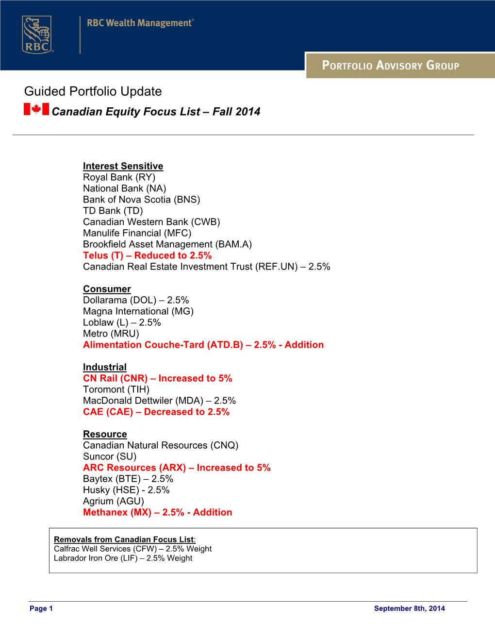 Guided Portfolio Update Canadian Equity Focus List – Fall 2014