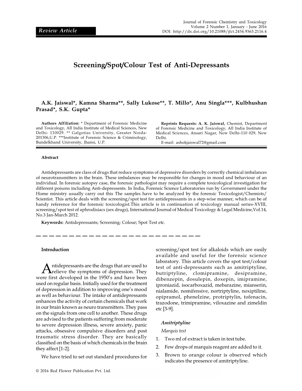 Screening/Spot/Colour Test of Anti-Depressants