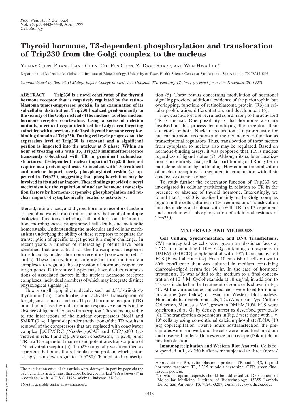 Thyroid Hormone, T3-Dependent Phosphorylation and Translocation of Trip230 from the Golgi Complex to the Nucleus