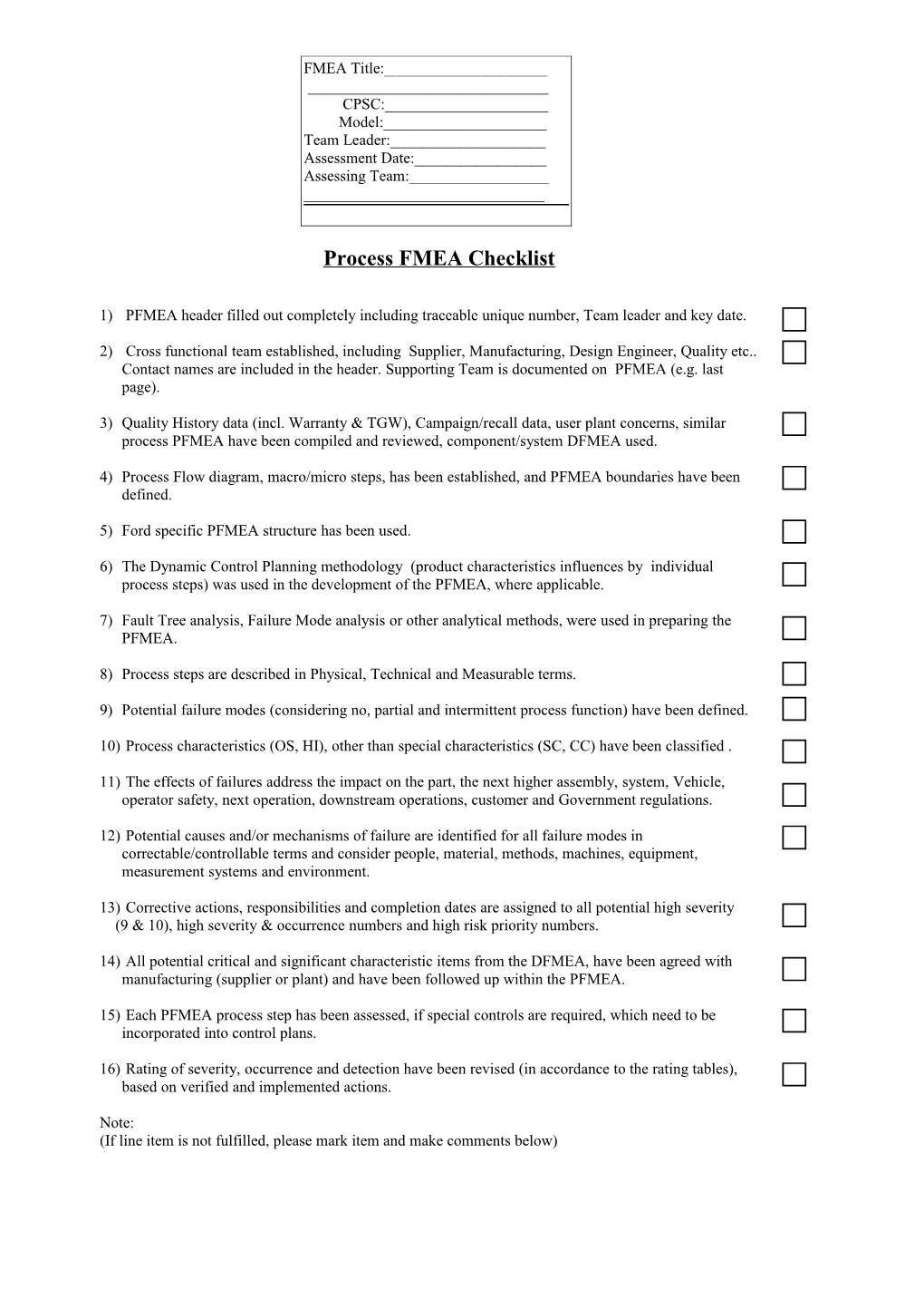 Process FMEA Checklist