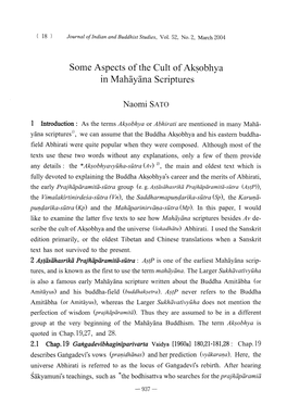 Some Aspects of the Cult of Aksobhya in Mahayana Scriptures 1 Introduction