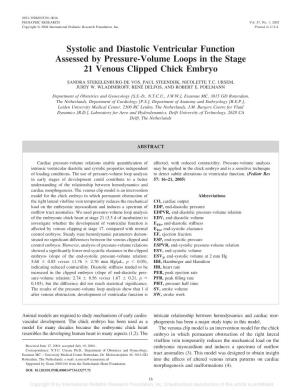 Systolic and Diastolic Ventricular Function Assessed by Pressure-Volume Loops in the Stage 21 Venous Clipped Chick Embryo