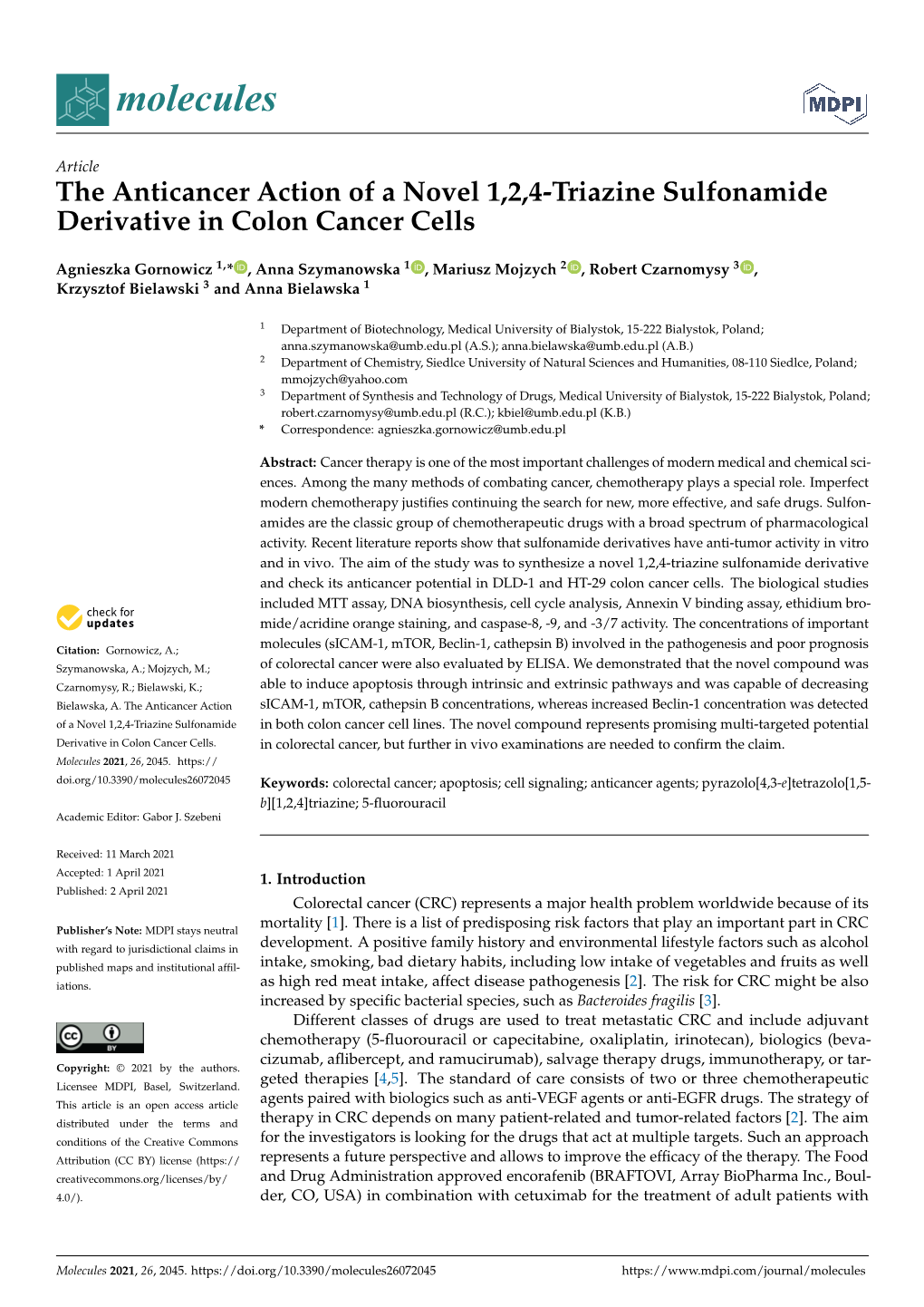 The Anticancer Action of a Novel 1,2,4-Triazine Sulfonamide Derivative in Colon Cancer Cells
