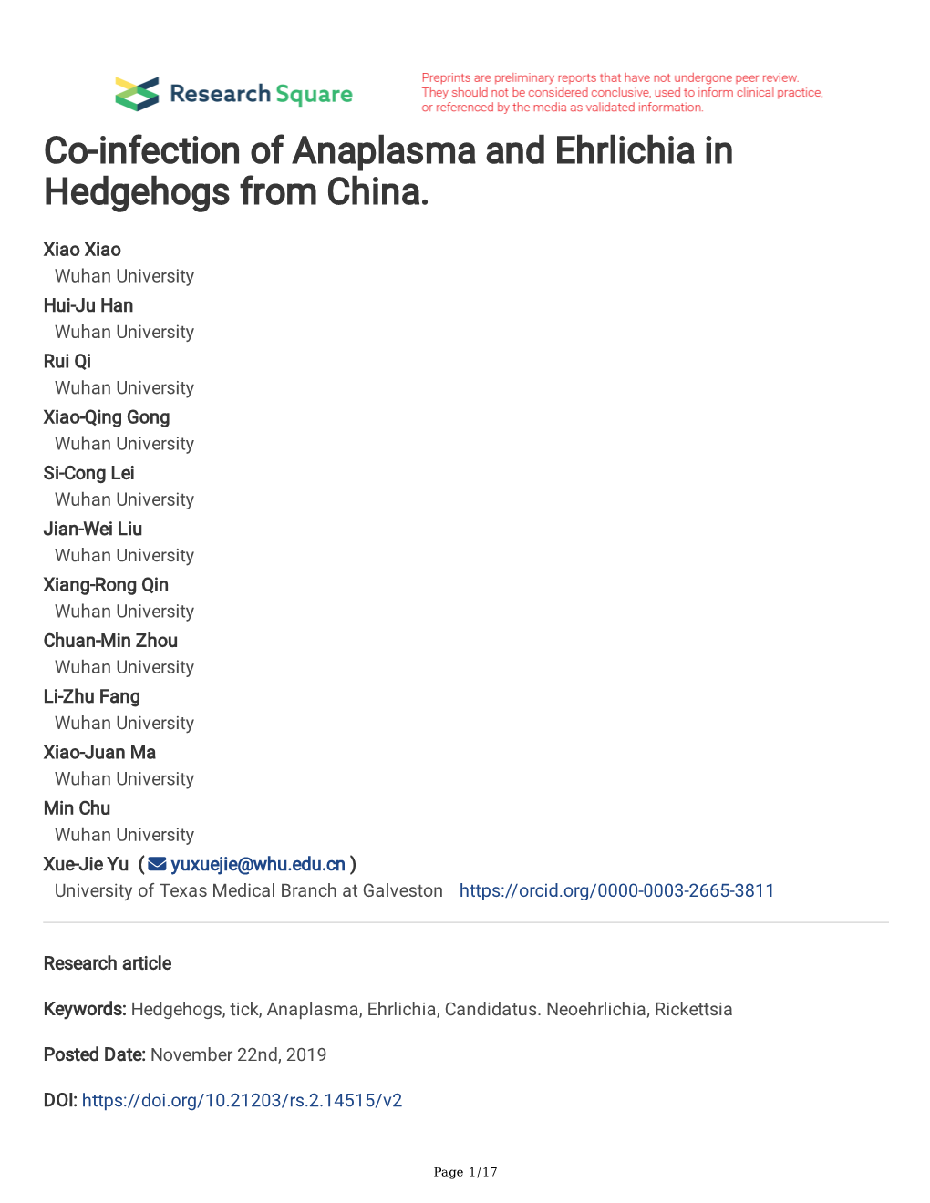 Co-Infection of Anaplasma and Ehrlichia in Hedgehogs from China