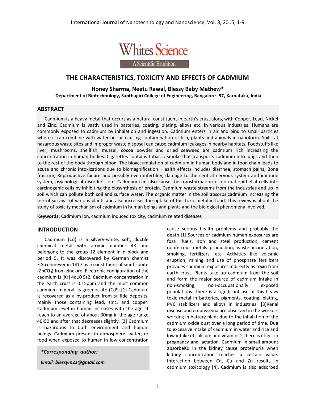 The Characteristics, Toxicity and Effects of Cadmium