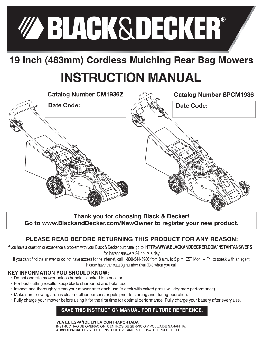 INSTRUCTION MANUAL Catalog Number CM1936Z Catalog Number SPCM1936 Date Code: Date Code