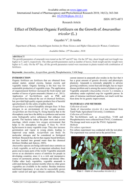 Effect of Different Organic Fertilizers on the Growth of Amaranthus Tricolor (L.)