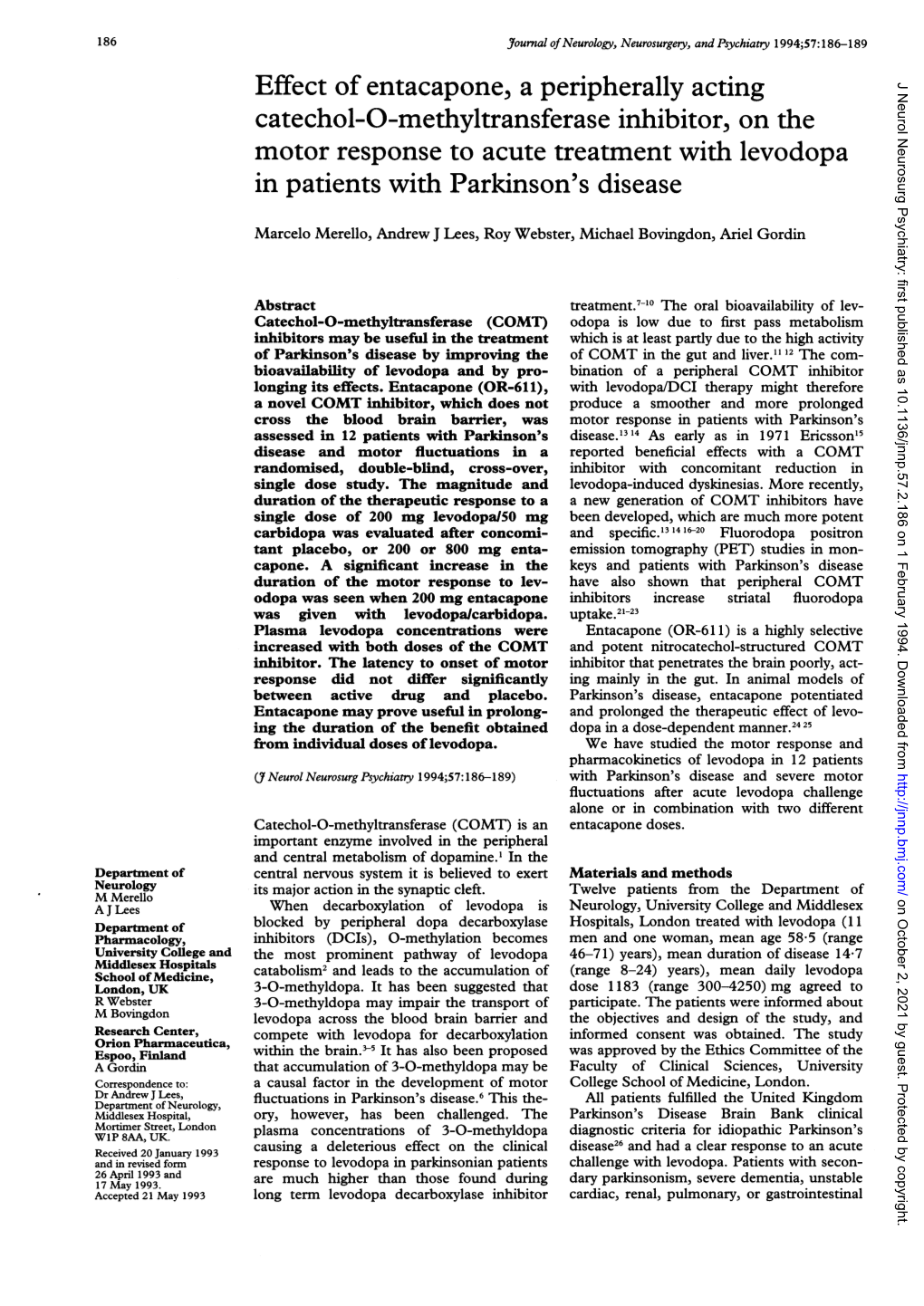 Catechol-O-Methyltransferase Inhibitor, on the Motor Response to Acute Treatment with Levodopa in Patients with Parkinson's Disease