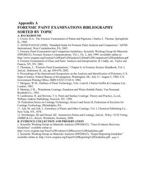 Appendix a FORENSIC PAINT EXAMINATIONS BIBLIOGRAPHY SORTED by TOPIC A