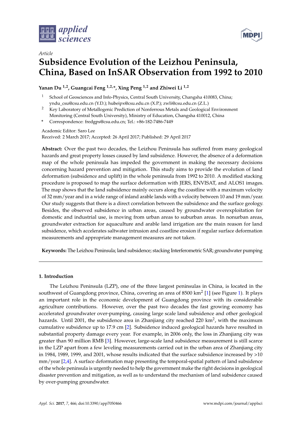 Subsidence Evolution of the Leizhou Peninsula, China, Based on Insar Observation from 1992 to 2010
