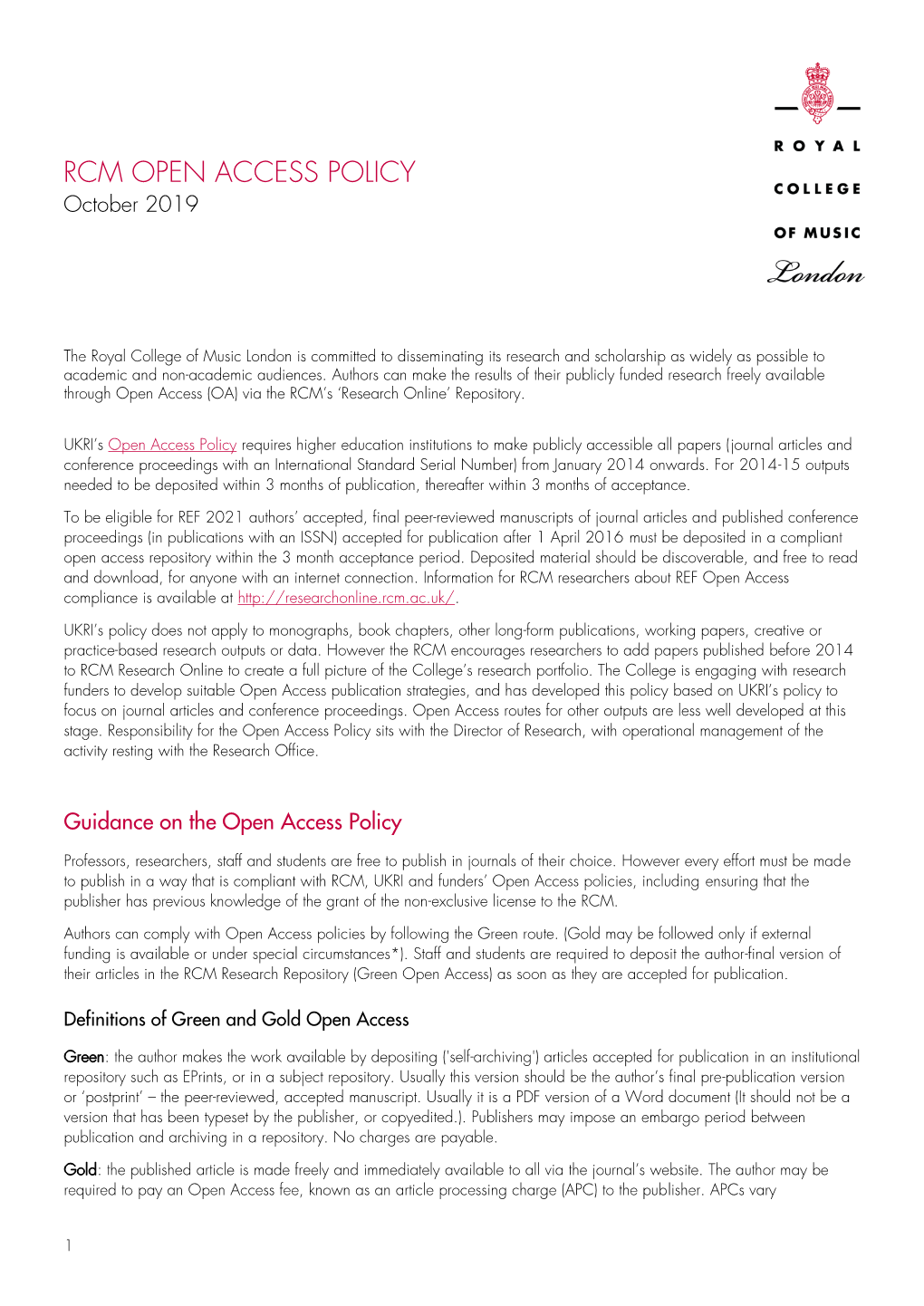 RCM OPEN ACCESS POLICY October 2019