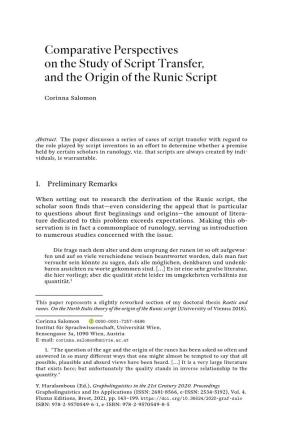 Comparative Perspectives on the Study of Script Transfer, and the Origin of the Runic Script