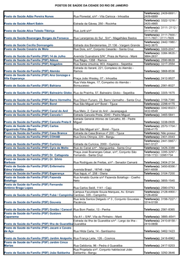 POSTOS DE SAÚDE DA CIDADE DO RIO DE JANEIRO Posto De Saúde Adão Pereira Nunes Rua Florestal, S/Nº