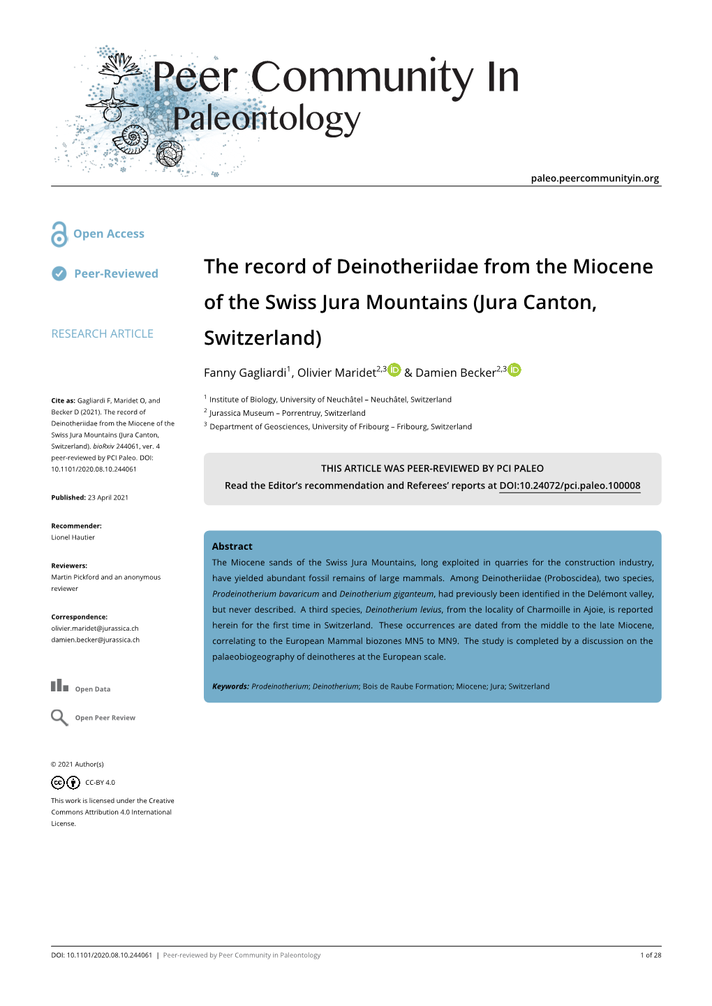 The Record of Deinotheriidae from the Miocene of the Swiss Jura Mountains (Jura Canton