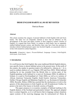 IRISH ENGLISH HABITUAL DO BE REVISITED Patricia Ronan