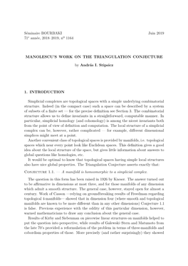 Séminaire BOURBAKI Juin 2019 71E Année, 2018–2019, N 1164 MANOLESCU's WORK on the TRIANGULATION CONJECTURE by András I. S