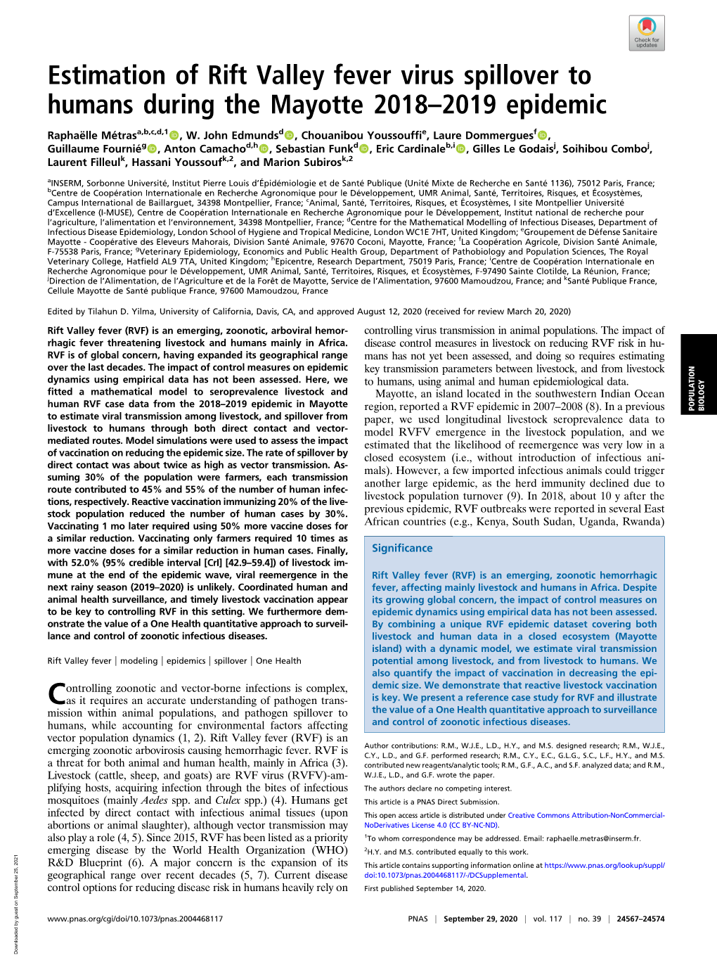 Estimation of Rift Valley Fever Virus Spillover to Humans During the Mayotte 2018–2019 Epidemic