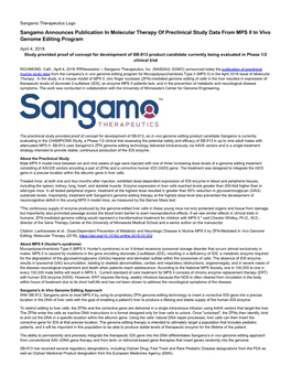 Sangamo Announces Publication in Molecular Therapy of Preclinical Study Data from MPS II in Vivo Genome Editing Program