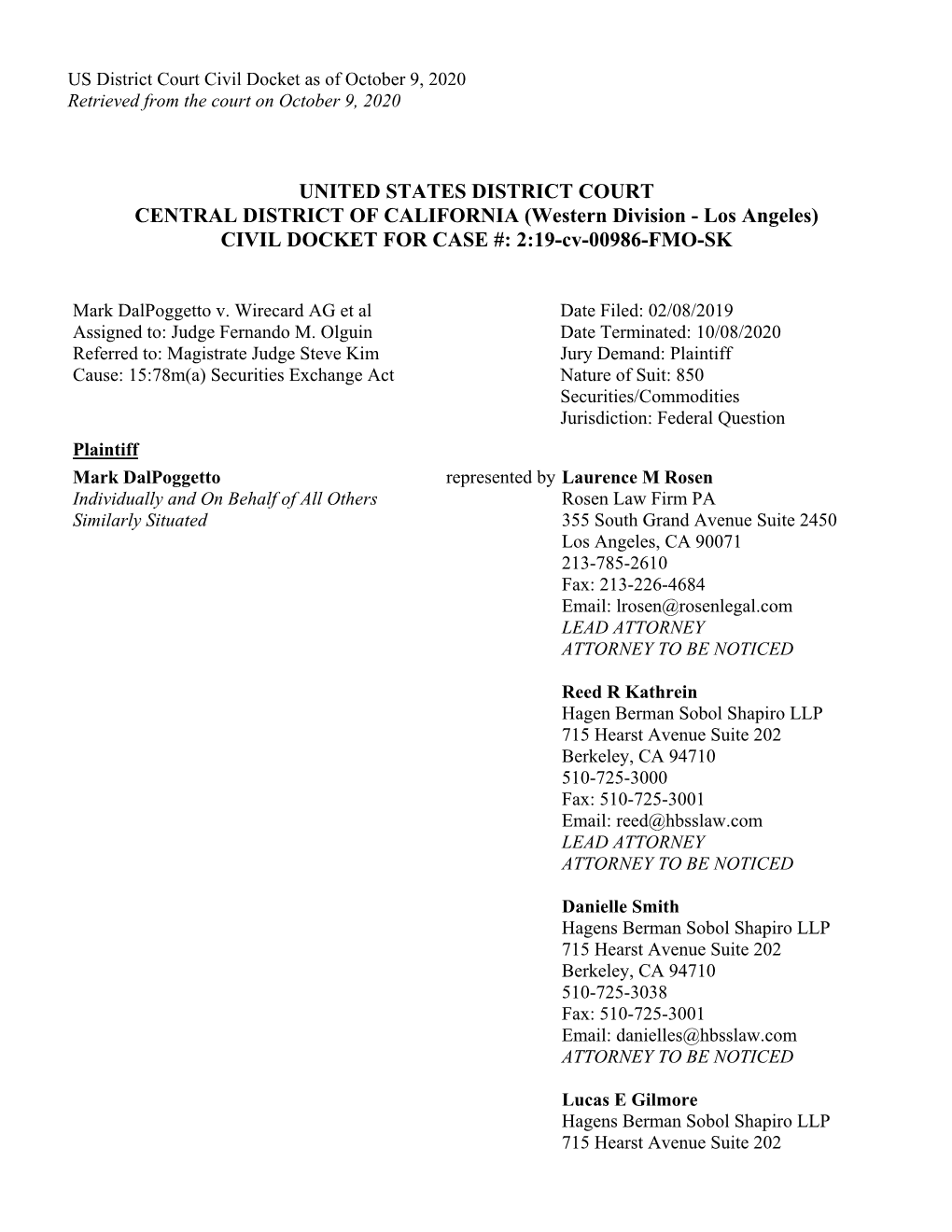 Mark Dalpoggetto, Et Al. V. Wirecard AG, Et Al. 19-CV-00986-U.S. District Court Civil Docket