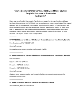 Course Descriptions for German, Nordic, and Slavic Courses Taught in Literature in Translation Spring 2017