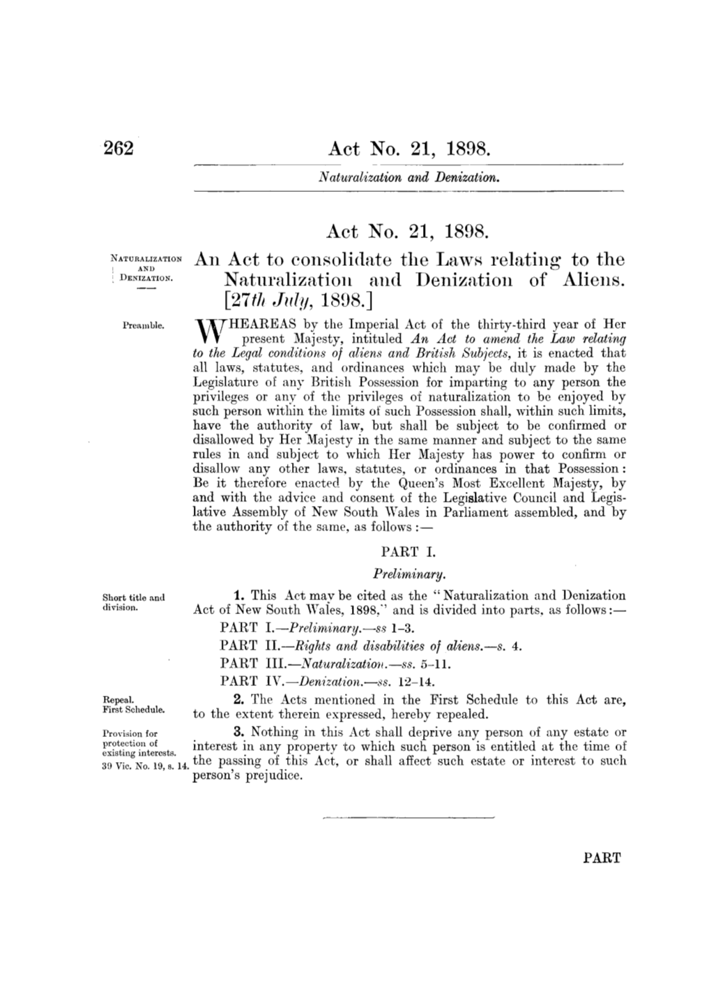 Act No. 21, 1898. an Act to Consolidate the Laws Relating to the Naturalization and Denization of Aliens. [27Th July, 1898.]