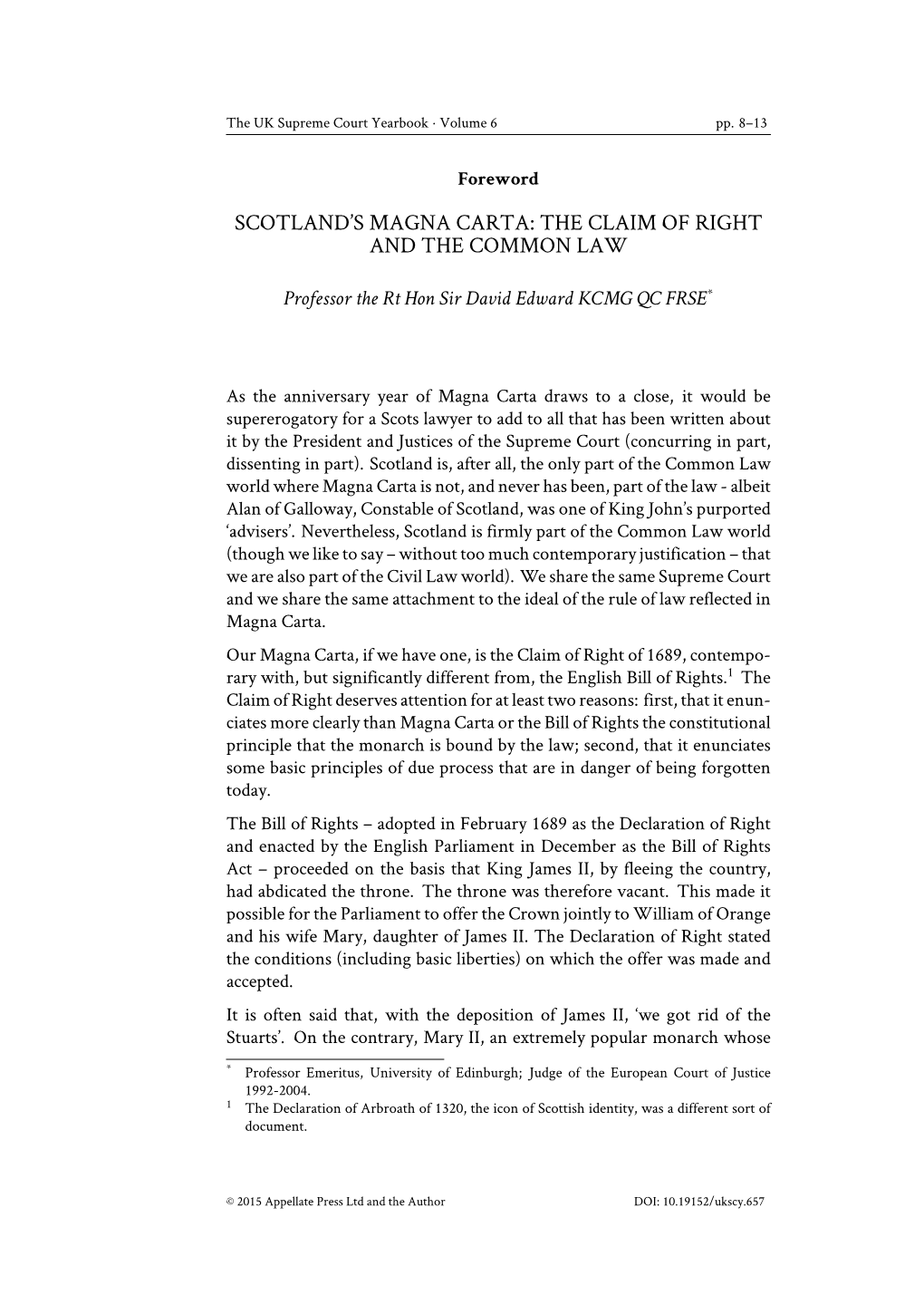 Scotland's Magna Carta: the Claim of Right and the Common Law