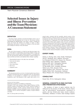 Selected Issues in Injury and Illness Prevention and the Team Physician