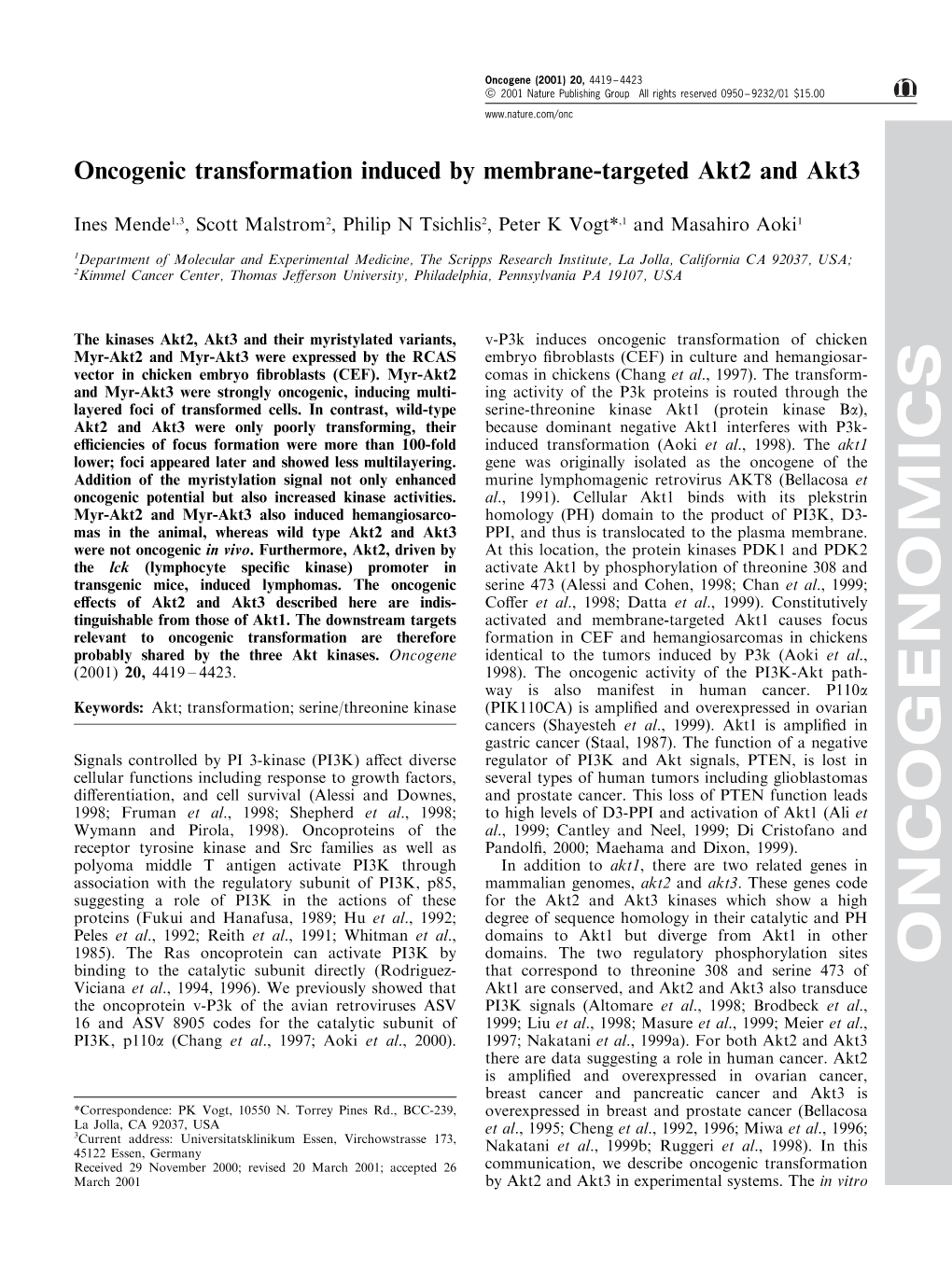 Oncogenic Transformation Induced by Membrane-Targeted Akt2 and Akt3