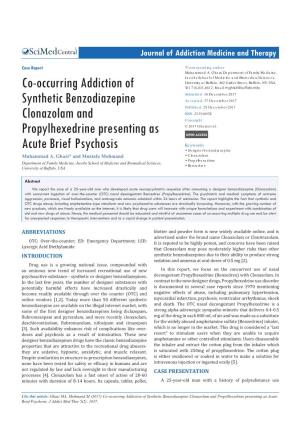 Co-Occurring Addiction of Synthetic Benzodiazepine Clonazolam and Propylhexedrine Presenting As Acute Brief Psychosis