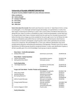 University of Guelph ARBORETUM MOTHS All Species Found by CANDICE TALBOT (CT) Unless Otherwise Indicated