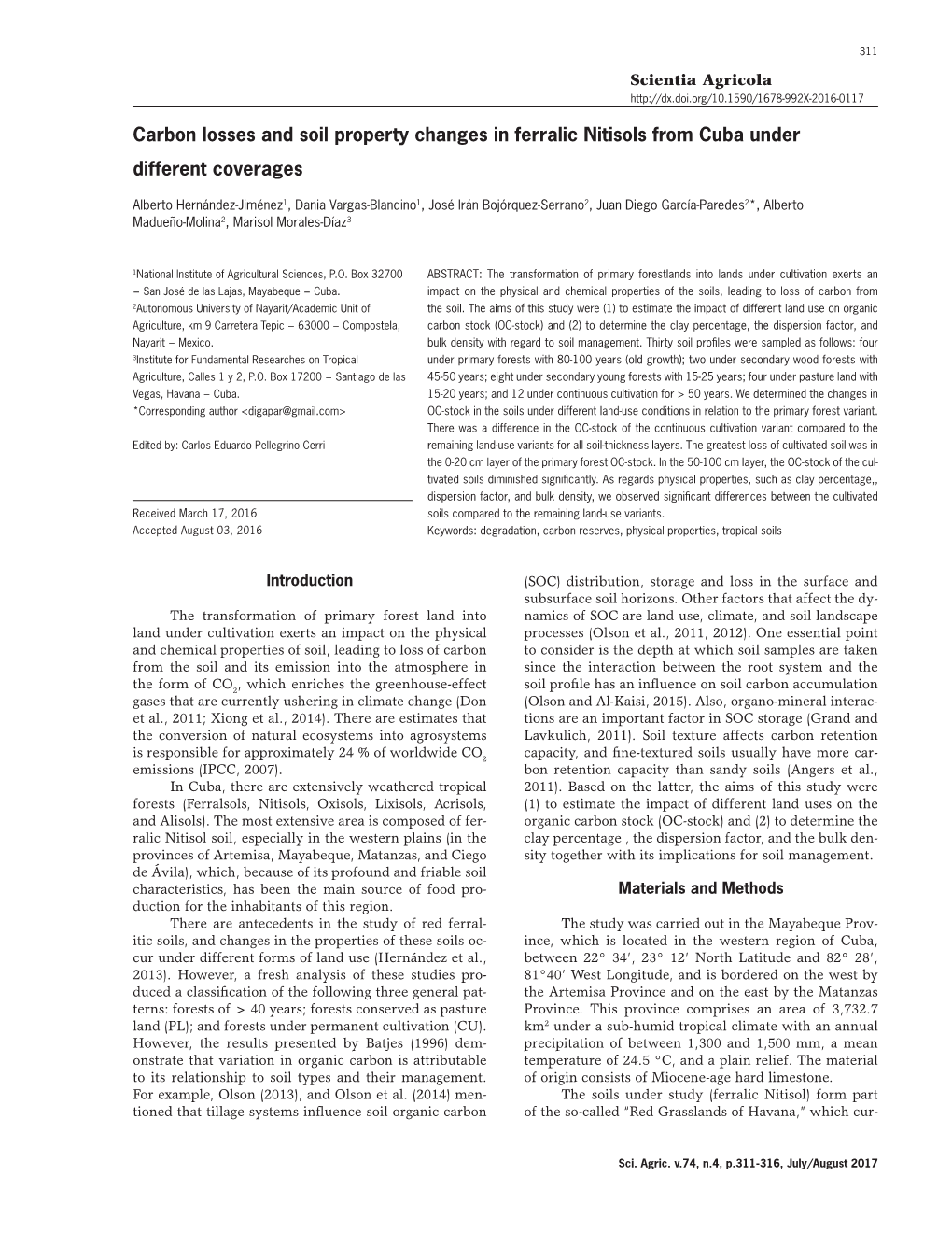 Carbon Losses and Soil Property Changes in Ferralic Nitisols from Cuba Under Different Coverages