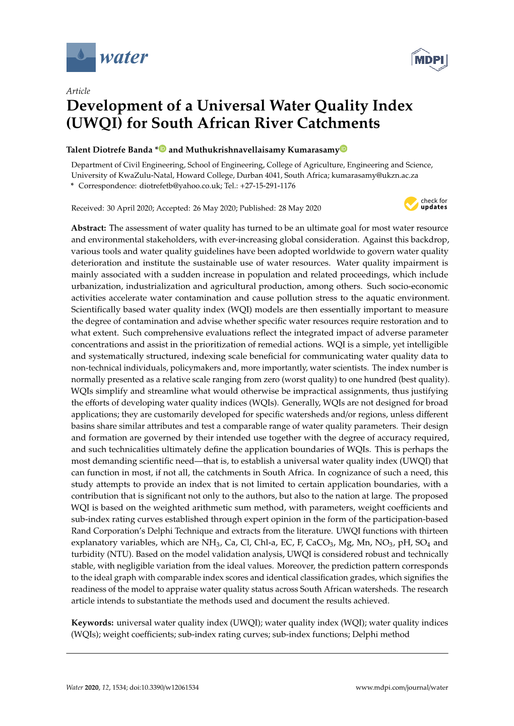 Development of a Universal Water Quality Index (UWQI) for South African River Catchments
