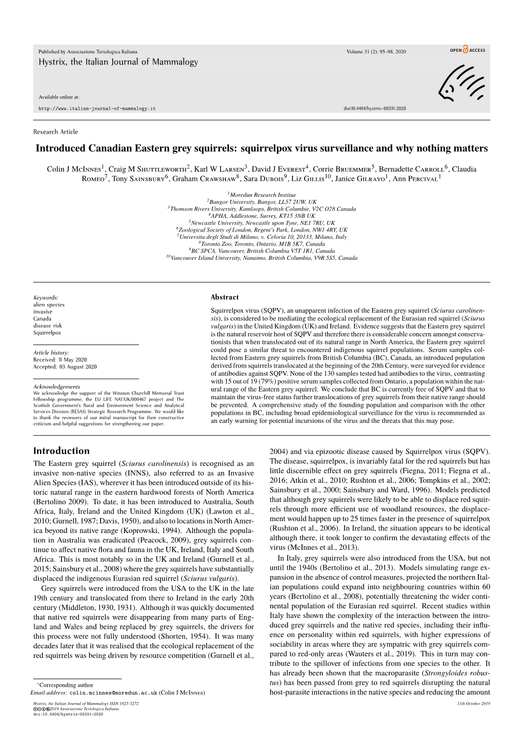 Introduced Canadian Eastern Grey Squirrels: Squirrelpox Virus