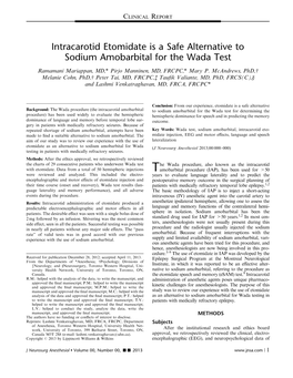 Intracarotid Etomidate Is a Safe Alternative to Sodium Amobarbital for the Wada Test